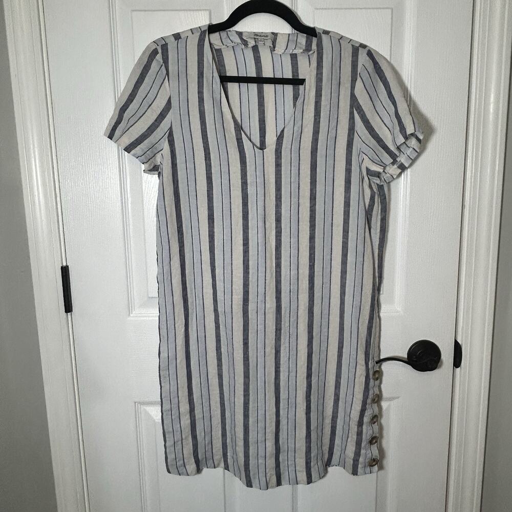 Madewell Easy Side Button Linen Dress Women's Size Small - Blue & White Stripe